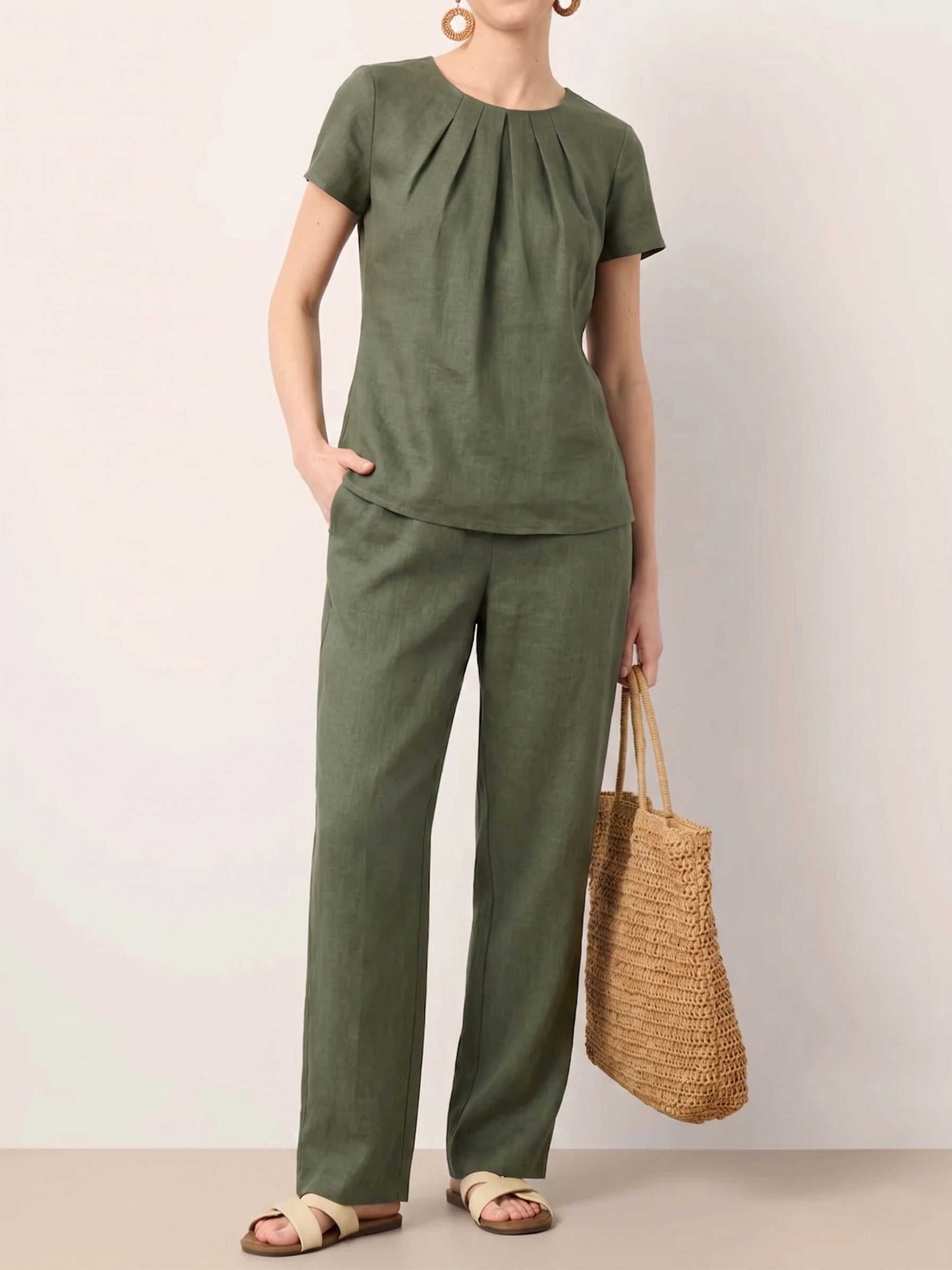 Clearance Sale🔥 Women's Summer Linen Blend 2-Piece Set: Elegant Pleated Round Neck Short Sleeve Top & Wide Leg Long Pants Casual Loungewear