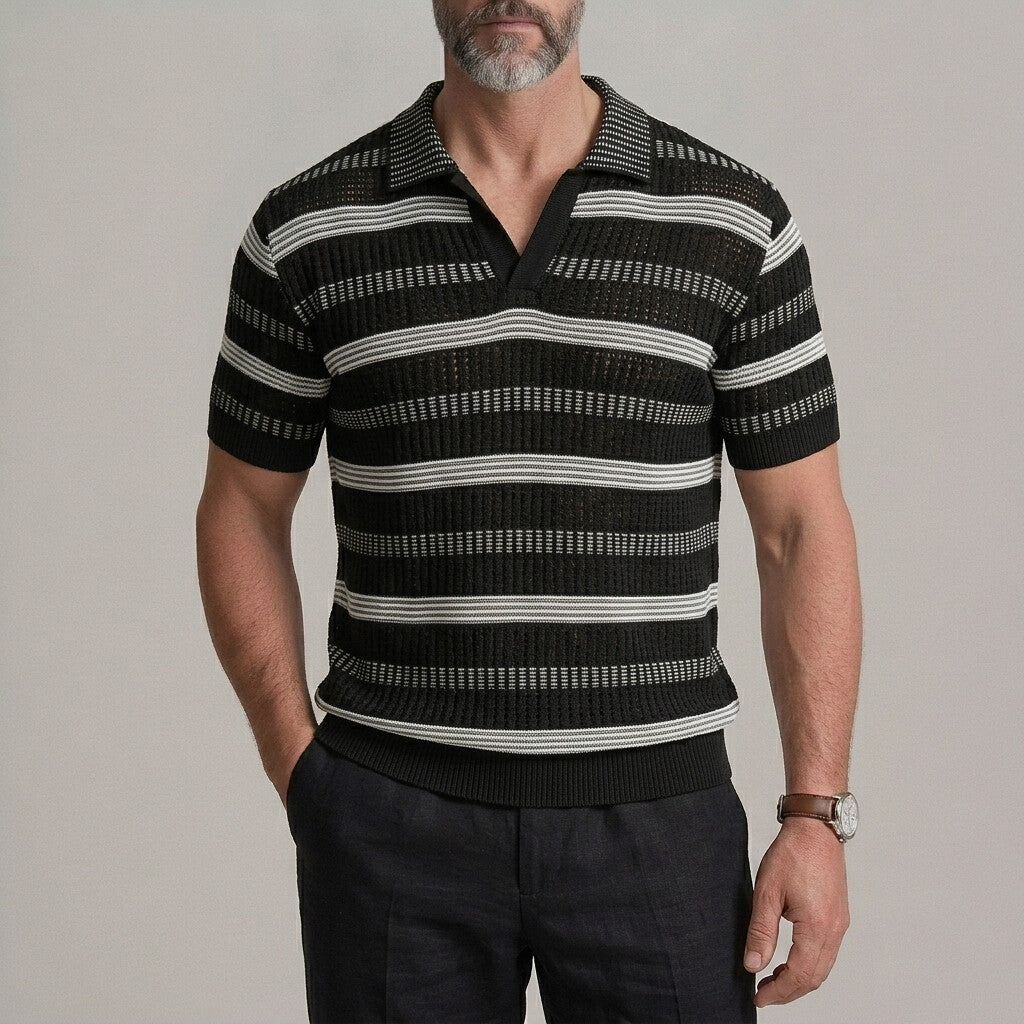 Men's Casual Striped Hollow Out Cable Knitted Breathable Polo Shirt