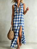 High-quality cotton-linen checkered print dress with a stand-up collar