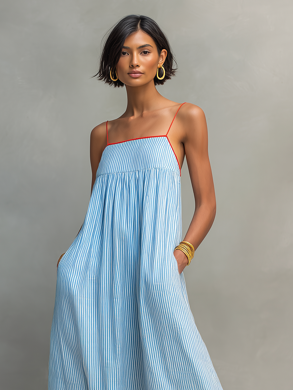 Women's Minimalist Striped Maxi Dress With Red Trim And Spaghetti Straps