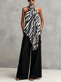 Women's Casual Sleeveless Chiffon Top With Black And White Print, Paired With Woven Trousers
