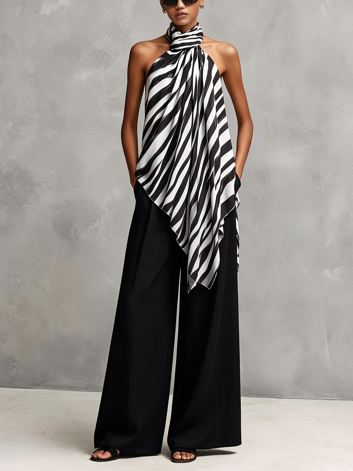 Women's Casual Sleeveless Chiffon Top With Black And White Print, Paired With Woven Trousers