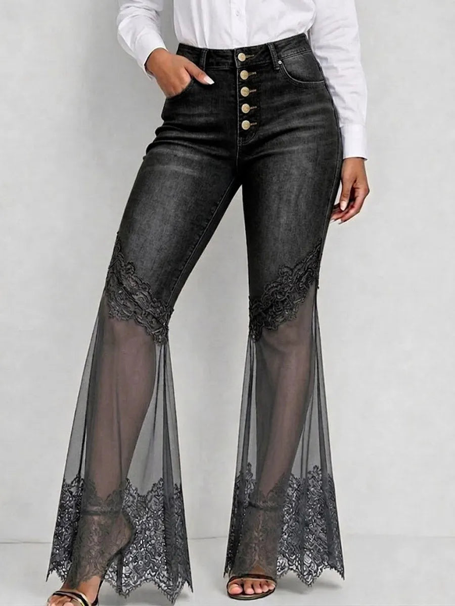 Women's High-waisted Loose-fit Lace-paneled Denim Wide-leg Pants