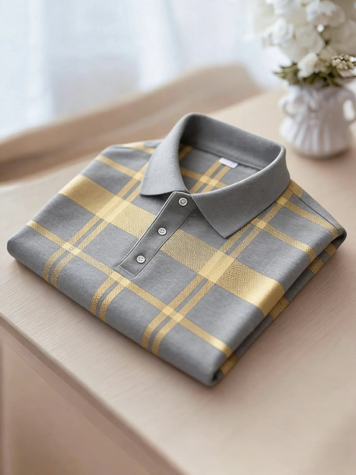 Men's Business Casual Black and Yellow Plaid Button Short Sleeve Polo Shirt