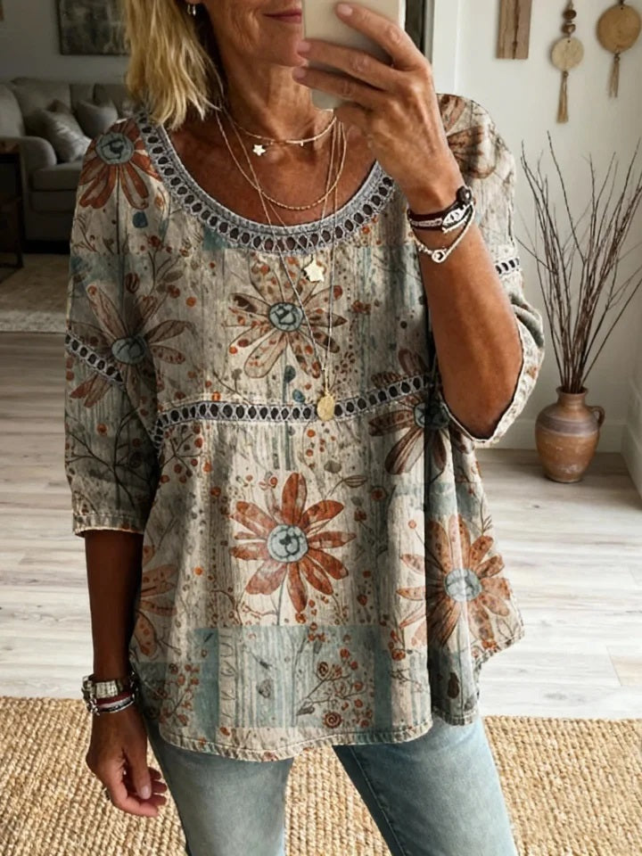 New Arrivals🔥 Women's Bohemian Vintage Floral Print Casual Hollow-out Top
