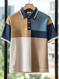 Men's Business Casual Stripe Print Button Short Sleeve Polo Shirt