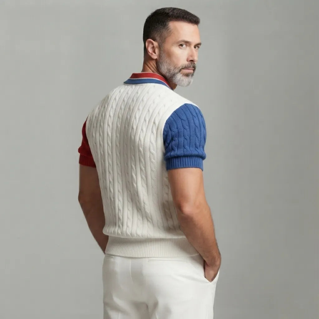 Men's Fashion White Cable Knit Colorblock Short Sleeve Polo Shirt