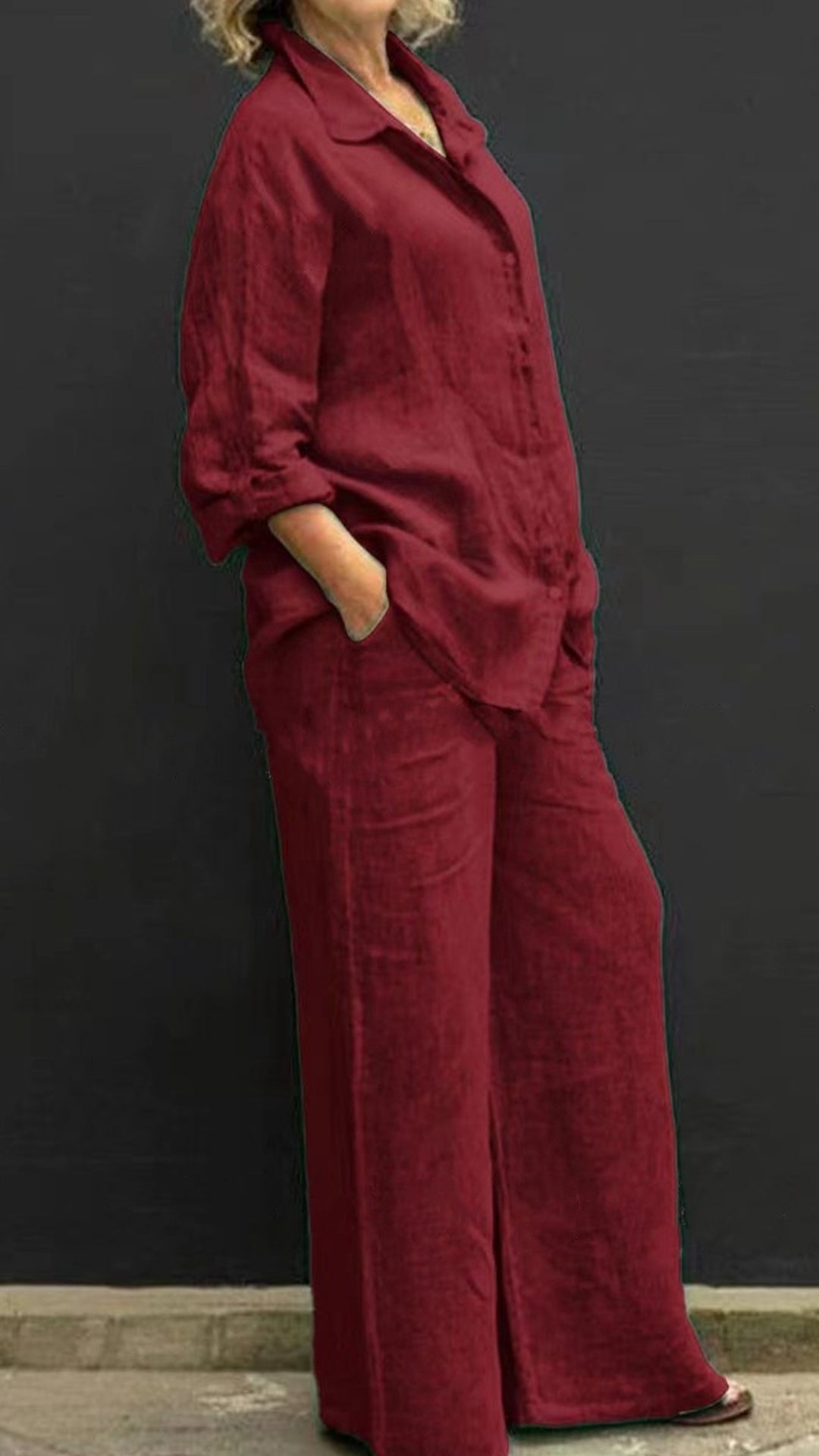Women's Linen Lapel Shirt & Wide-Leg Pants Two-Piece Set