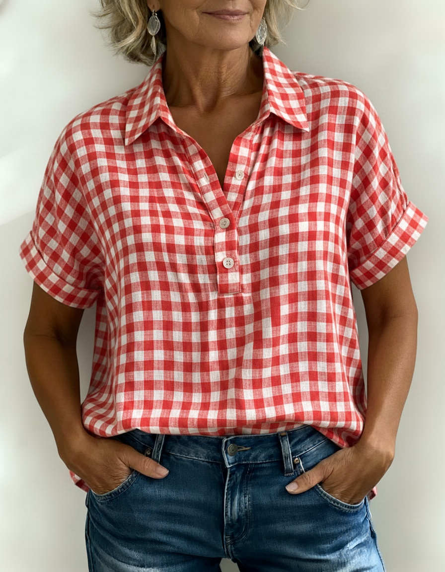 Casual Gingham Cotton-Linen Blouse