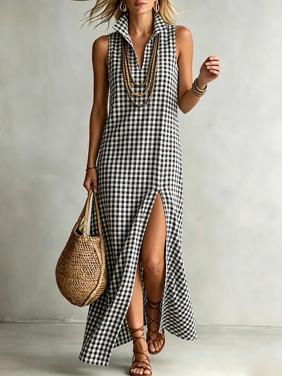 Elegant cotton-linen checkered print dress with a stand-up collar