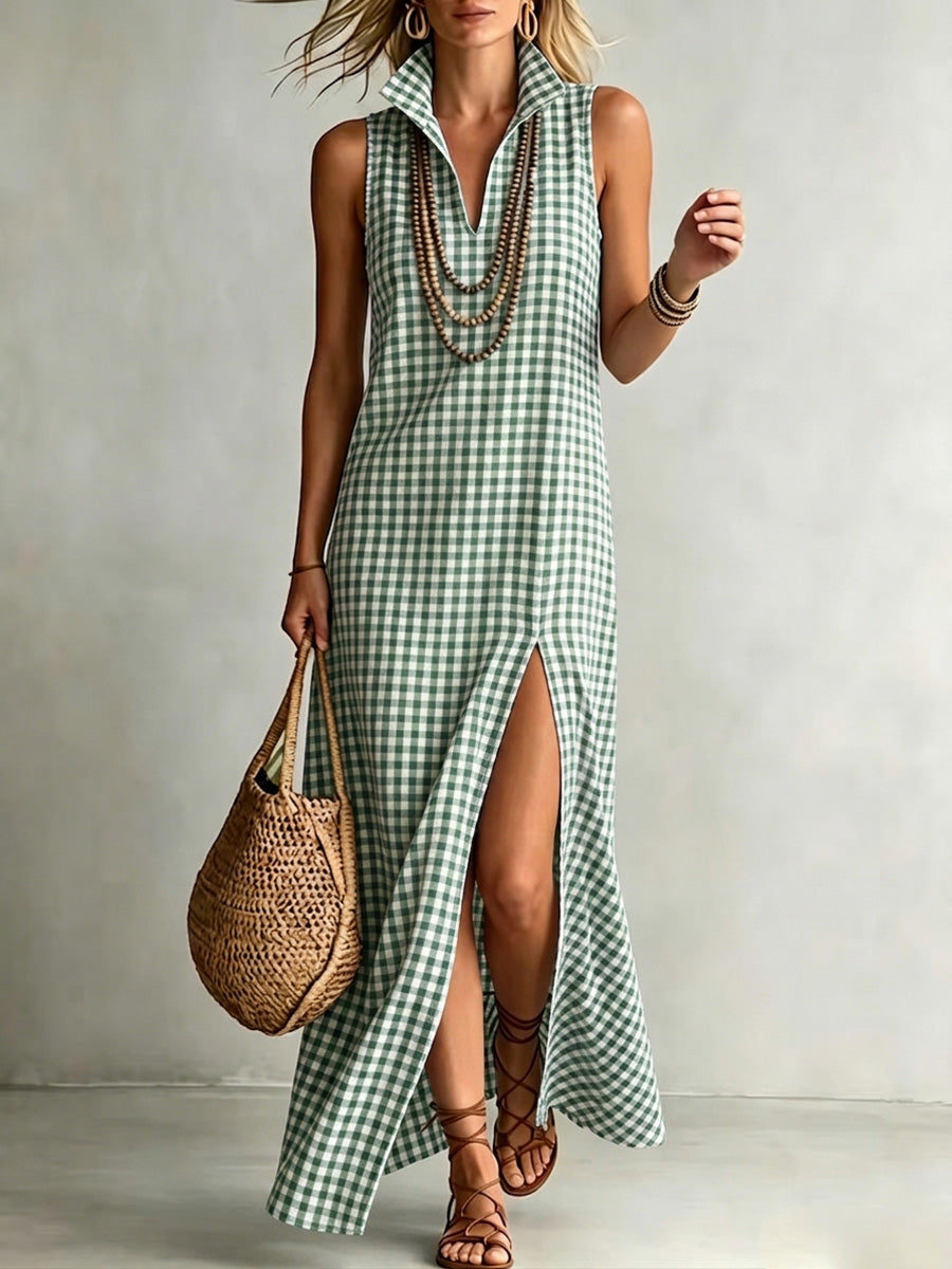 Elegant cotton-linen checkered print dress with a stand-up collar