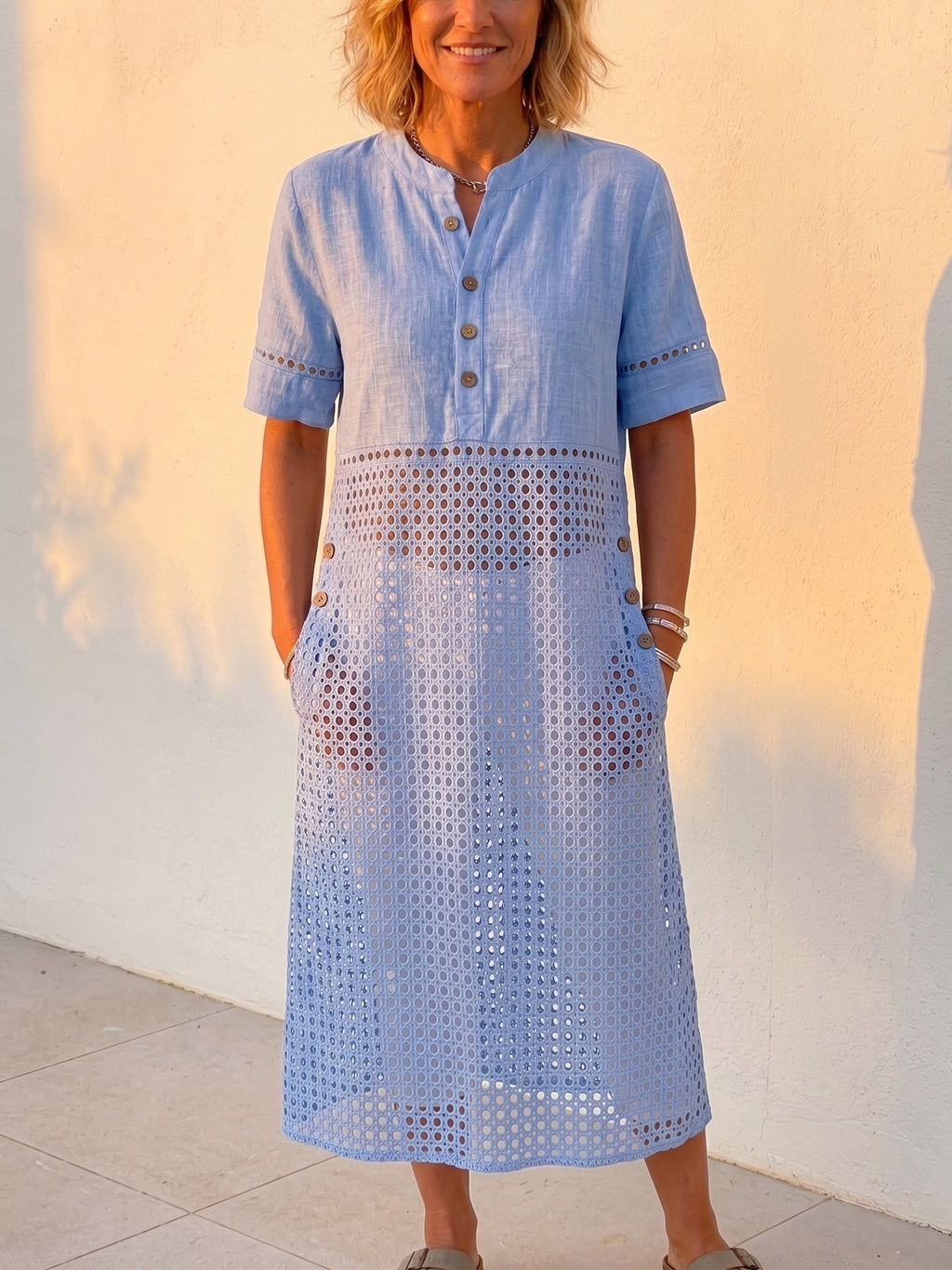 New Arrivals🔥 Vintage Eyelet Lace-Up Linen-Blend Shirt Dress, Loose Midi