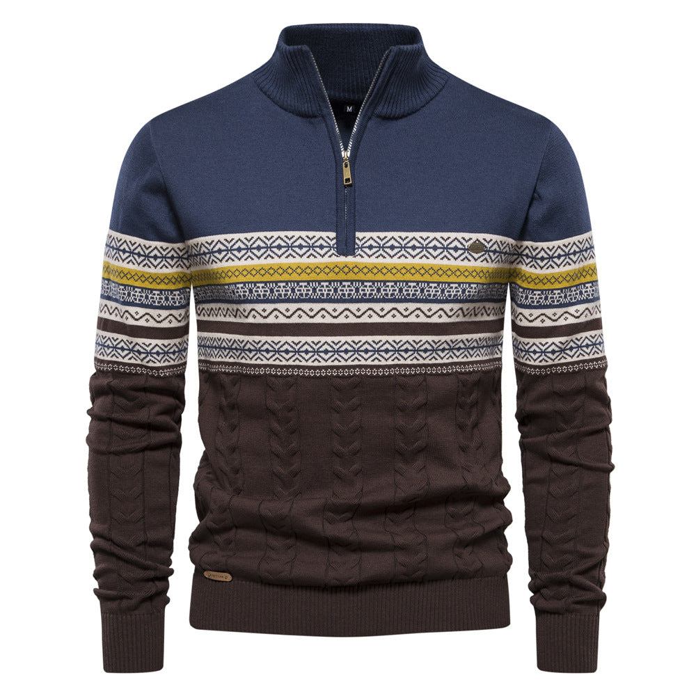 Men's Contrast Color Stand Collar Zip Long Sleeve Fleece Sweatshirt