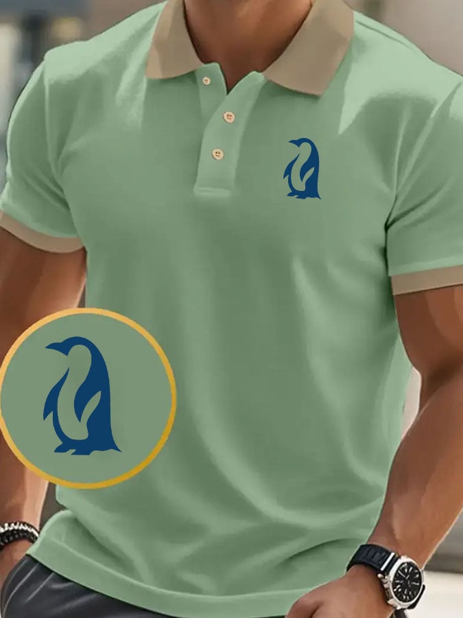 Men's Classic Casual Business Penguin Fashion Color Block Polo Shirt