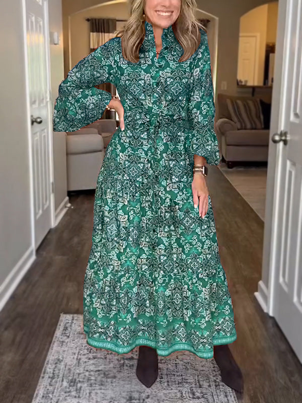 NEW🔥 Vintage Printed Long Sleeve Dress with Tie Belt