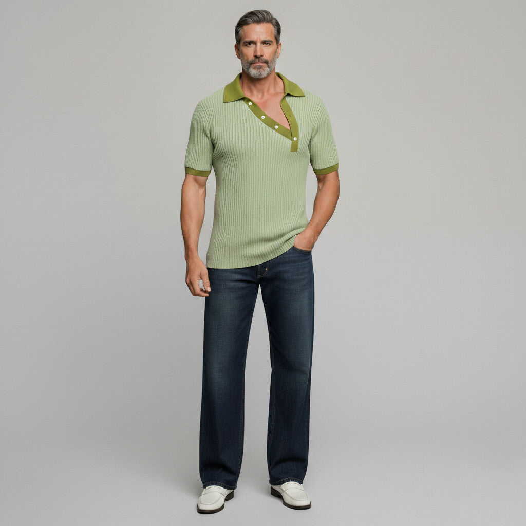 Men's Fashion Sage Green Contrast Trim Diagonal Placket Ribbed Polo Shirt