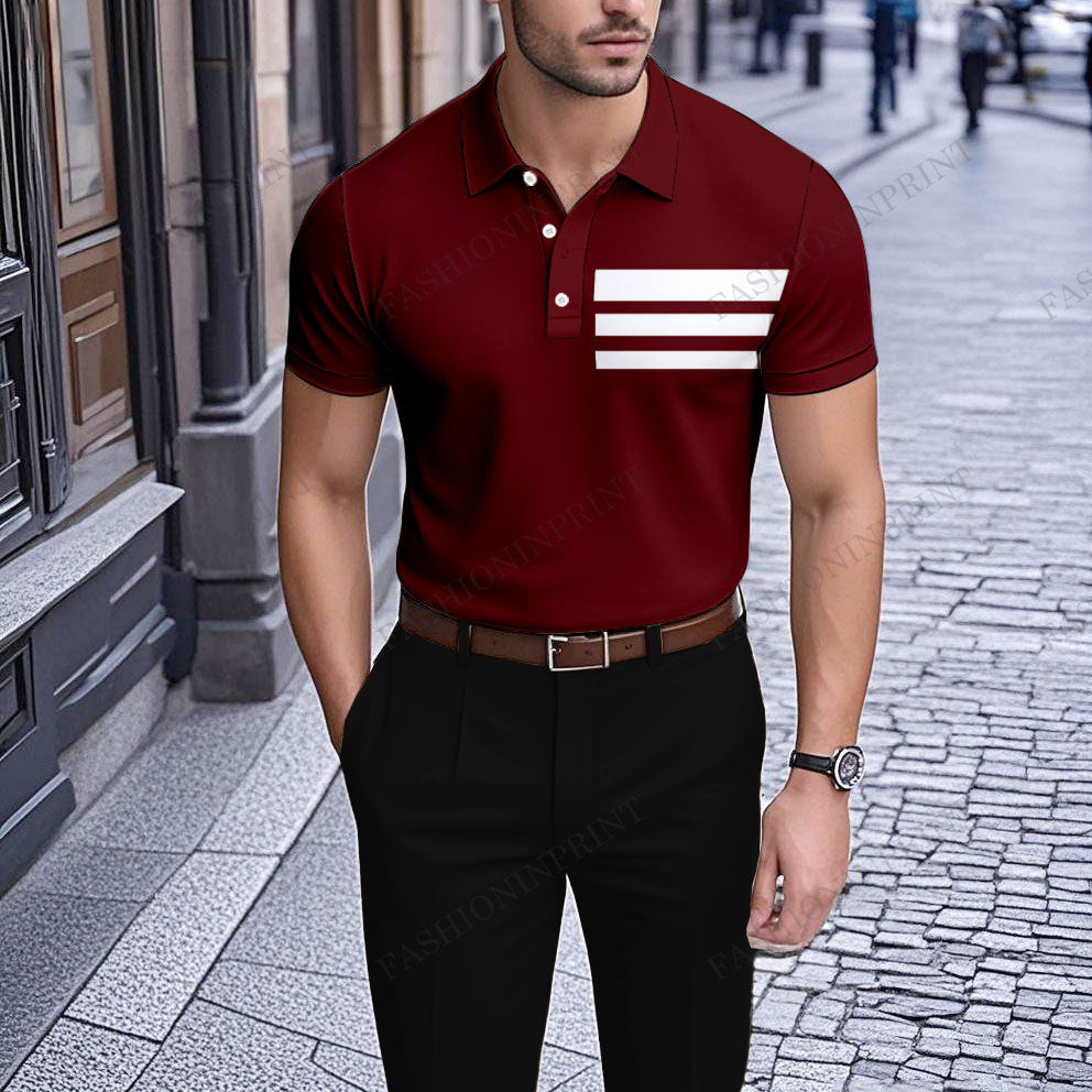 Men's Casual Wine Red Geometric Printed Short-Sleeve Polo Shirt