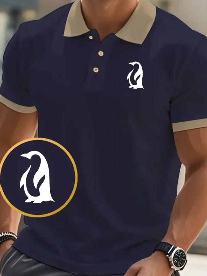 Men's Classic Casual Business Penguin Fashion Color Block Polo Shirt