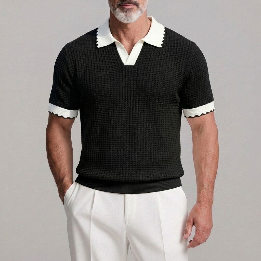 Men's Casual Scalloped Pattern Turndown Collar Short Sleeve Textured Polo Shirt