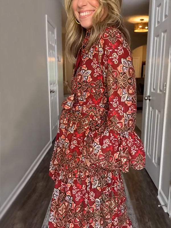 NEW🔥 Vintage Printed Long Sleeve Dress with Tie Belt