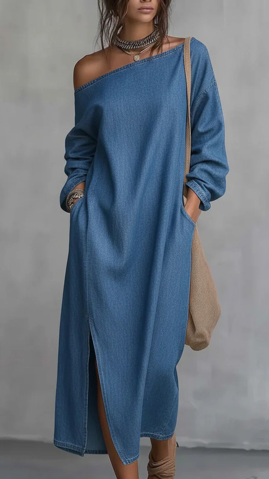 Women's Denim Off-the-Shoulder Long-Sleeve Dress
