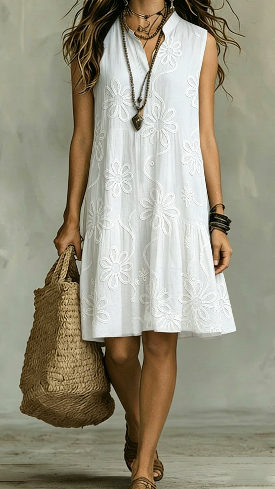 Women's Floral Print Linen-Blend Sleeveless Dress