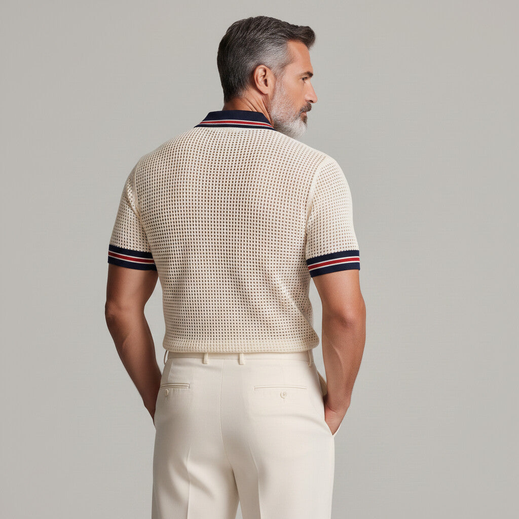 Men's Beige Mesh Hollow Out Contrast Stripes Slim Polo Shirt