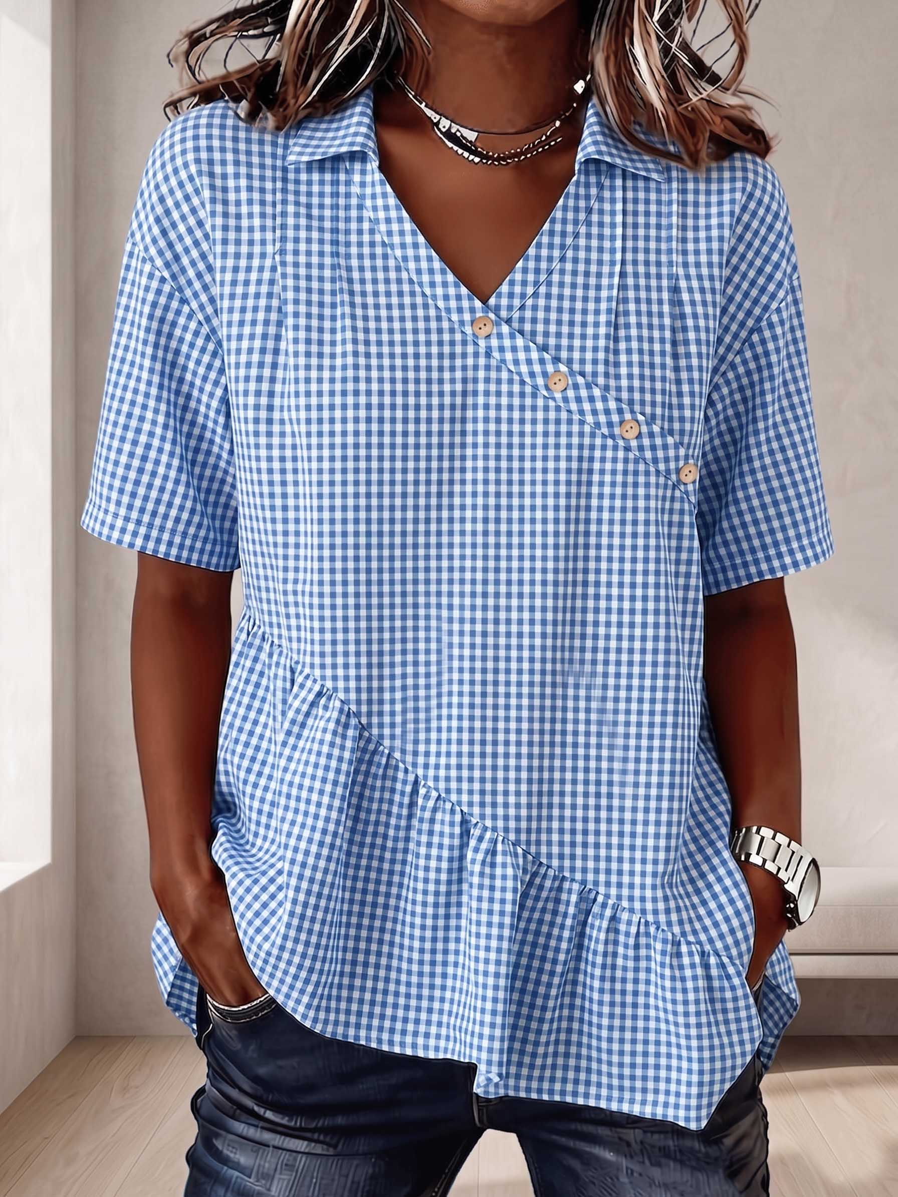 The Heritage Gingham Asymmetrical Peplum Blouse