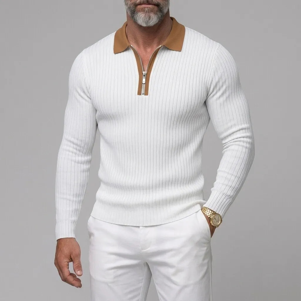 Men's Business Casual Solid Color Ribbed Knit Slim Zipper Long Sleeve Polo Shirt