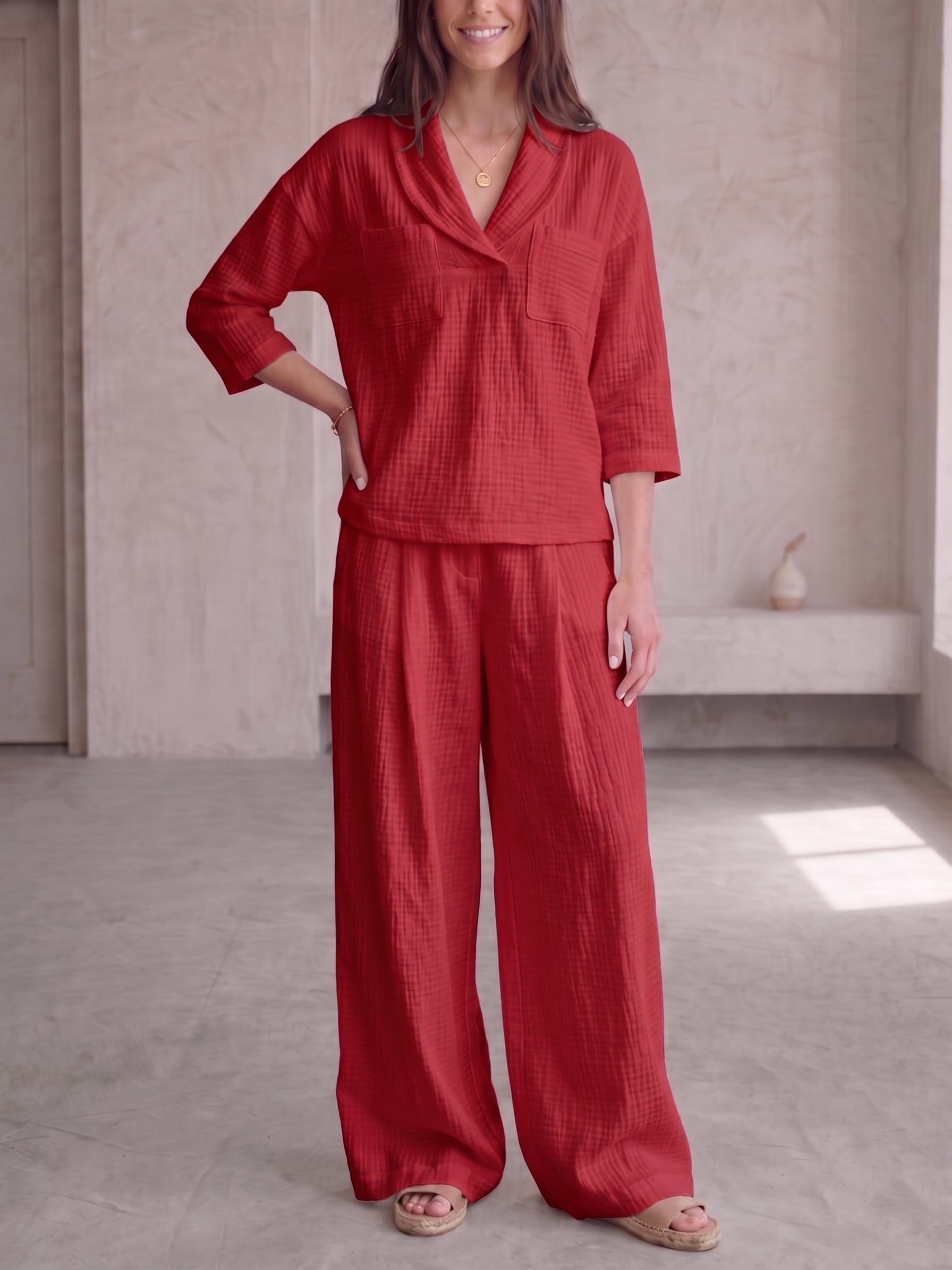 Clearance Sale🔥 Women's Peter Pan Collar V-Neck 3/4-Sleeve Cotton-Linen Two-Piece Set