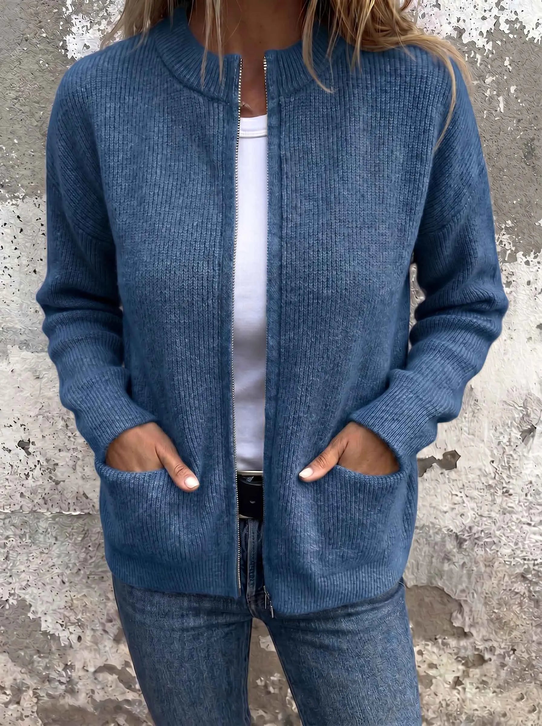 CLEARANCE SALE🔥 Round Neck Ribbed Knit Zip Jacket