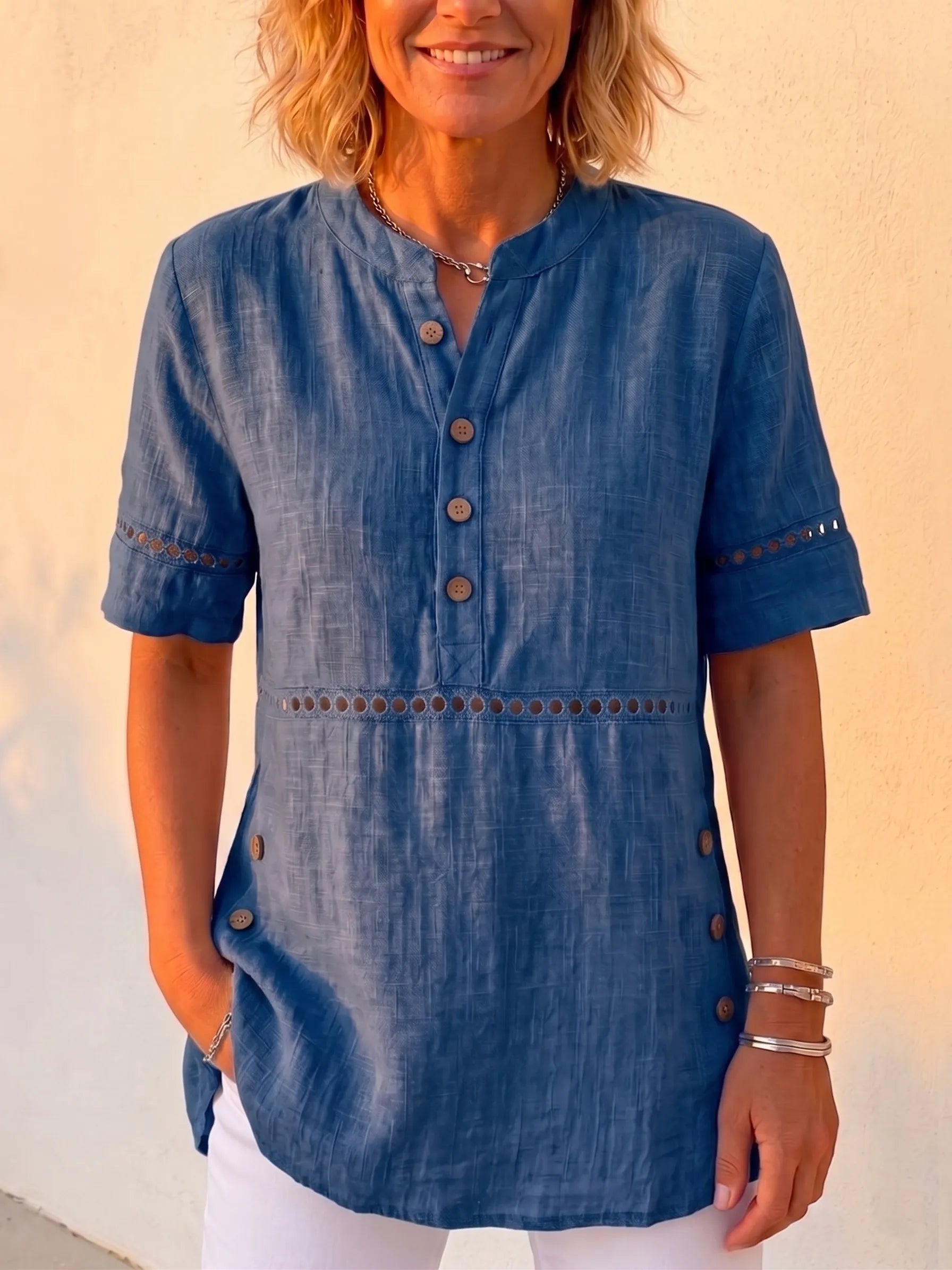 Clearance Sale🔥 Vintage Cotton-Linen Look Eyelet Embroidery Short Sleeve Blouse - Casual Half-Placket Button-Down Breathable Tunic Top