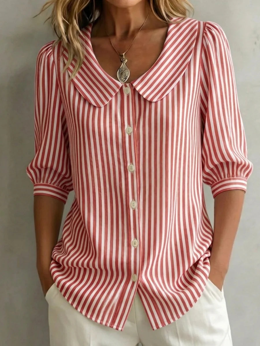 Clearance Sale🔥 Women's Retro Peter Pan Collar Striped Cotton Linen Shirt
