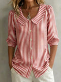 Clearance Sale🔥 Women's Retro Peter Pan Collar Striped Cotton Linen Shirt