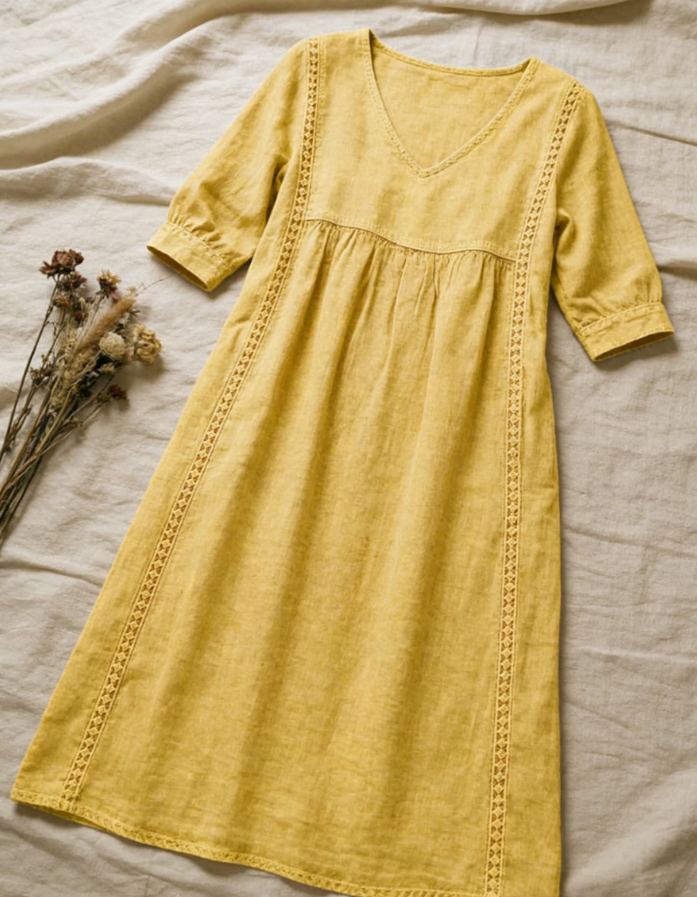 Clearance Sale🔥 Women's Casual Loose-fitting Patchwork Lace Trim Linen And Cotton Dress
