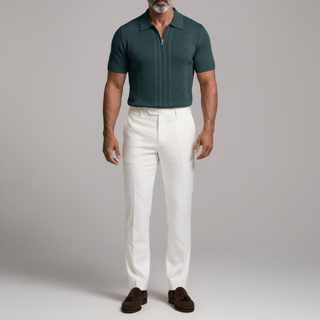 Men's Casual Solid Color Zipper Slim Fit Pullover Knit Polo Shirt