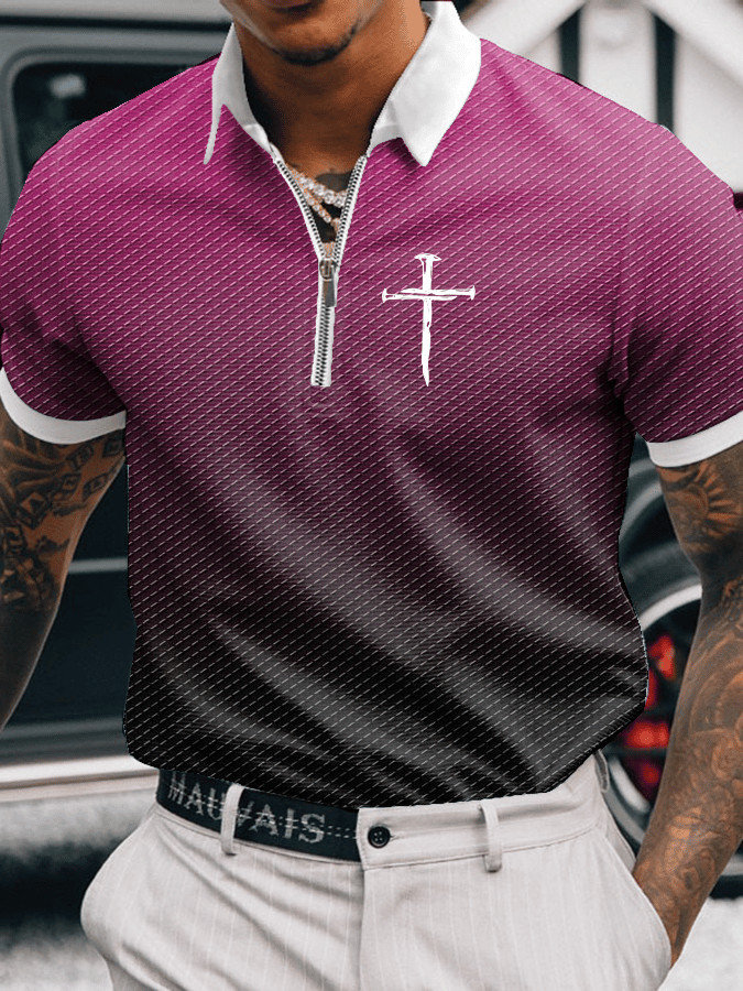 Men's Faith Printed Casual Zip-Up Polo Shirt