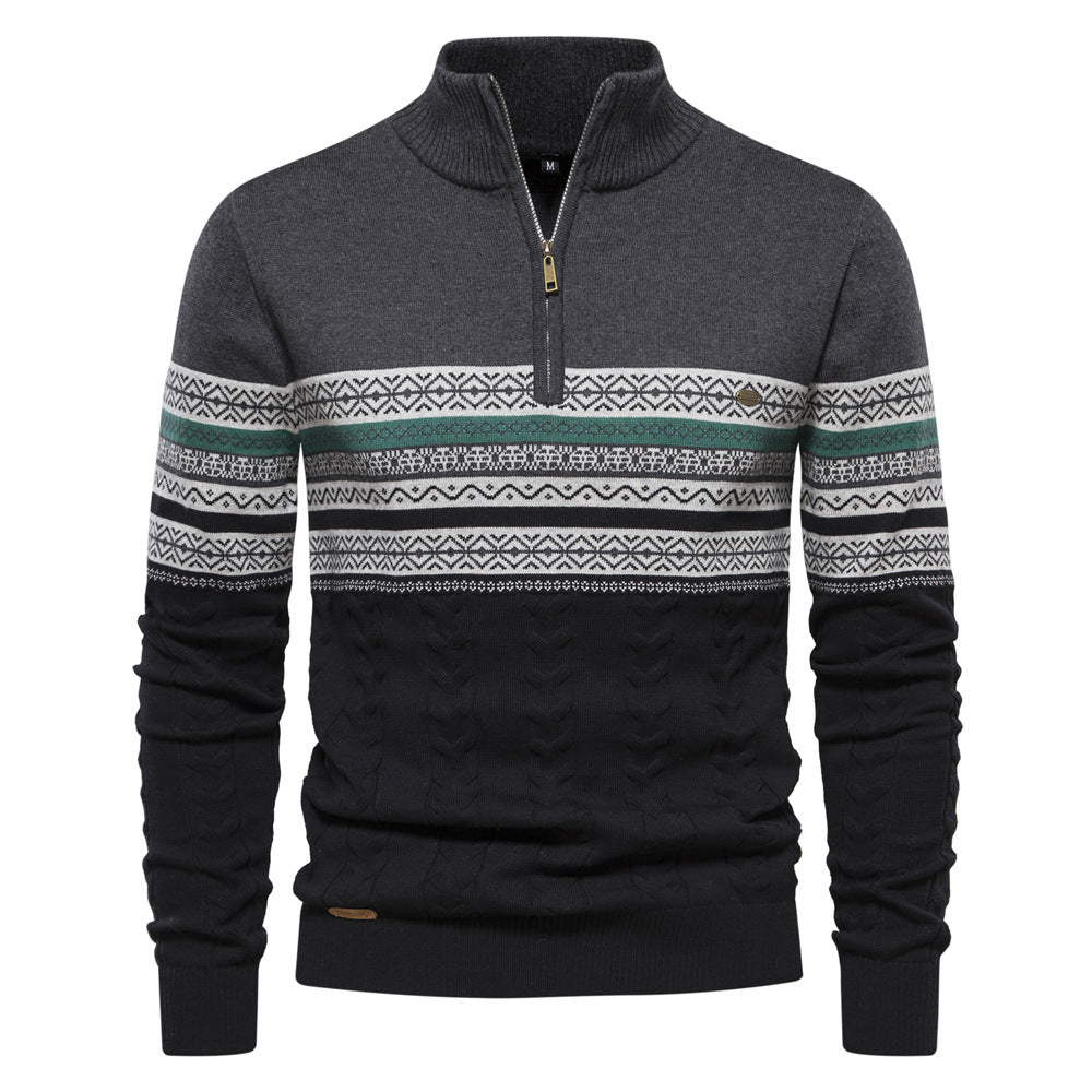 Men's Contrast Color Stand Collar Zip Long Sleeve Fleece Sweatshirt