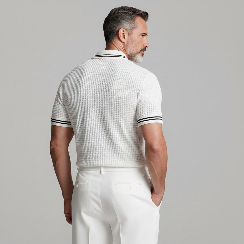 Men's Casual White Waffle Texture Contrast Striped Slim Fit Polo Shirt