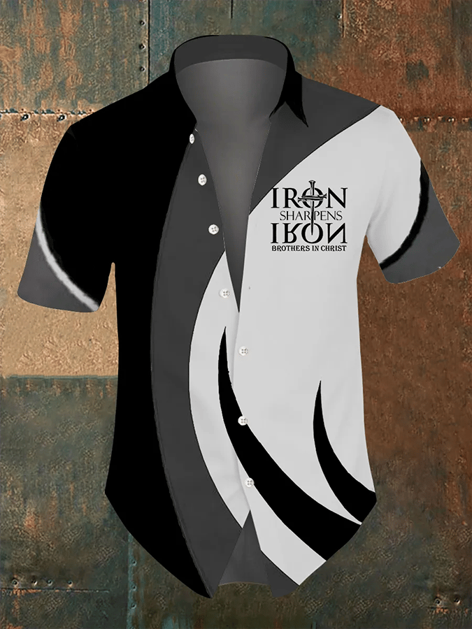 Men's Retro Faith Geometric “Iron Sharpens Iron Brothers In Christ” Short Sleeve Shirt