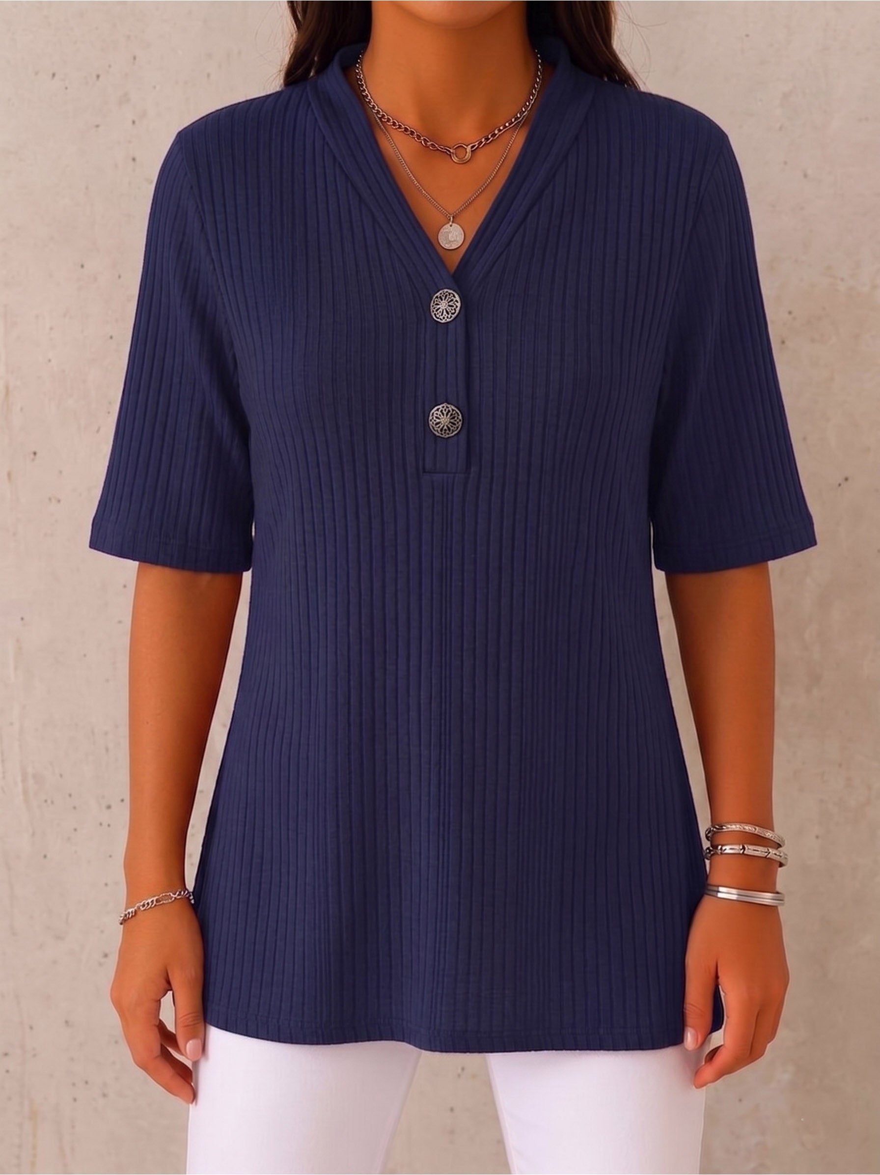 CLEARANCE SALE🔥 Ribbed Button-Neck Tee