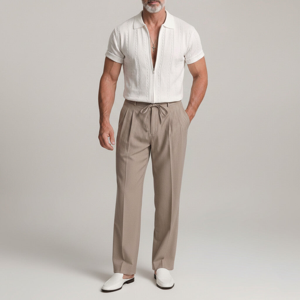 Men's Solid Color Cable Knit Texture Turndown Collar Zipper Short Sleeve Shirt