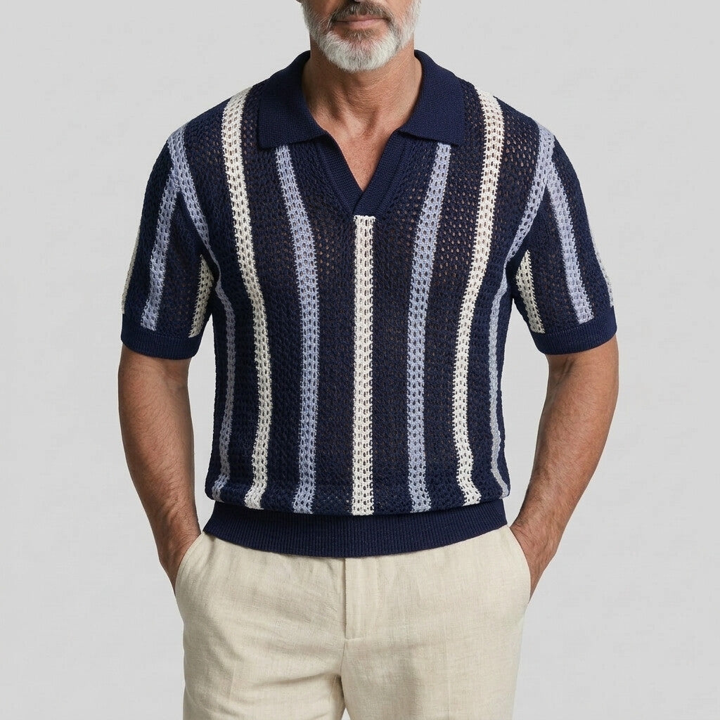 Men's Colorblock Striped Hollow Out Crochet Knit Polo Shirt