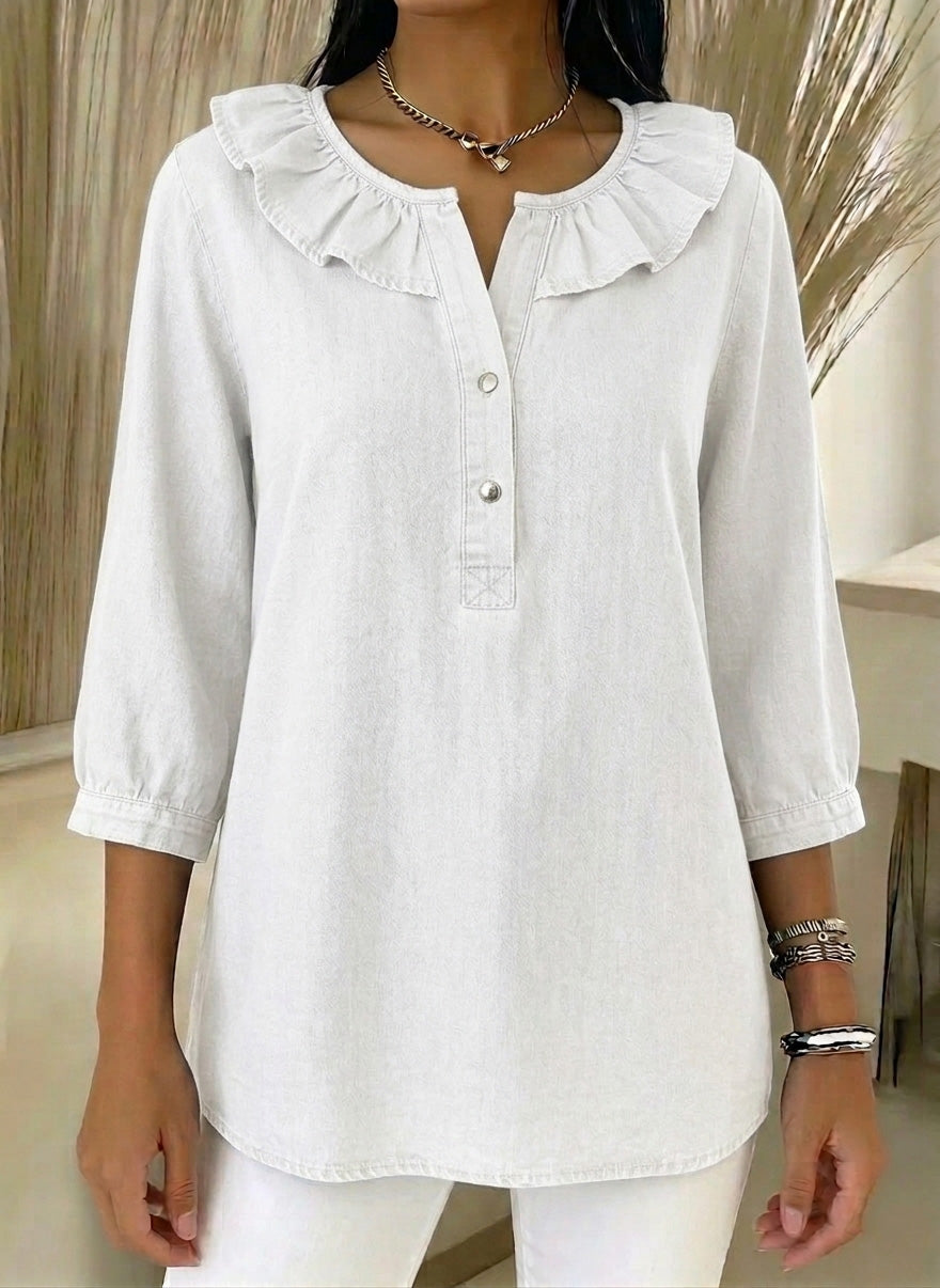 Casual Denim Blouse with Ruffled Henry Collar