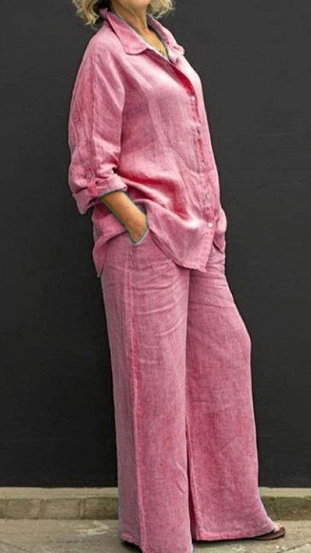 Women's Linen Lapel Shirt & Wide-Leg Pants Two-Piece Set