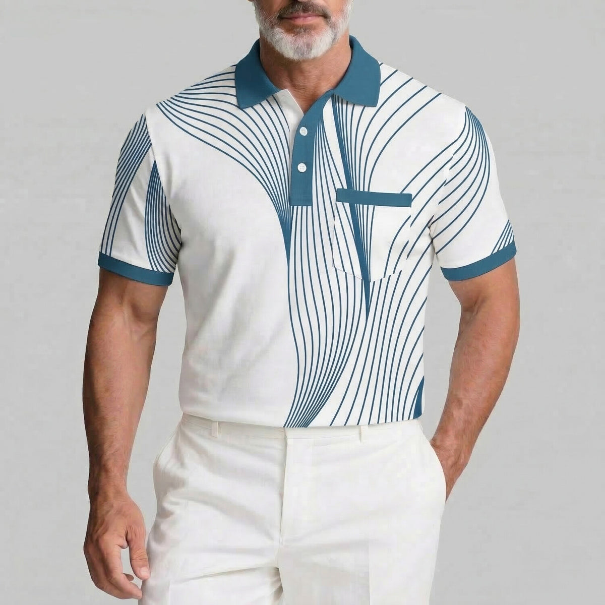 Men's Business Casual Geometric Lines Print Contrast Binding Patch Pocket Polo Shirt