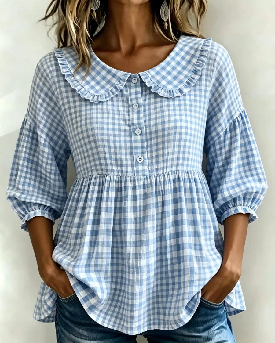 Women's Puff Sleeve Peplum Gingham Blouse