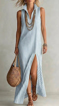 Women's Striped Sleeveless Shirt Collar Dress