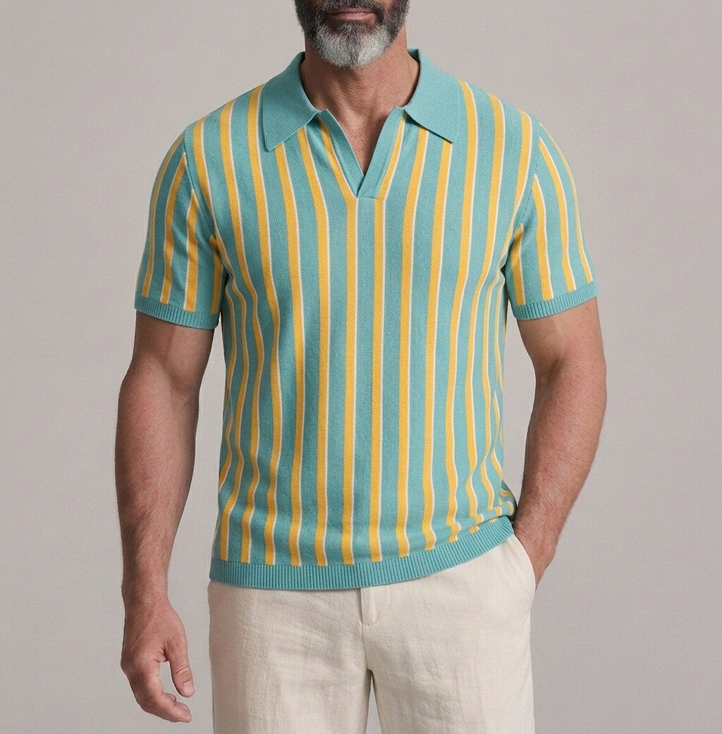 Men's Casual Contrast Striped Print Knitted Slim Polo Shirt