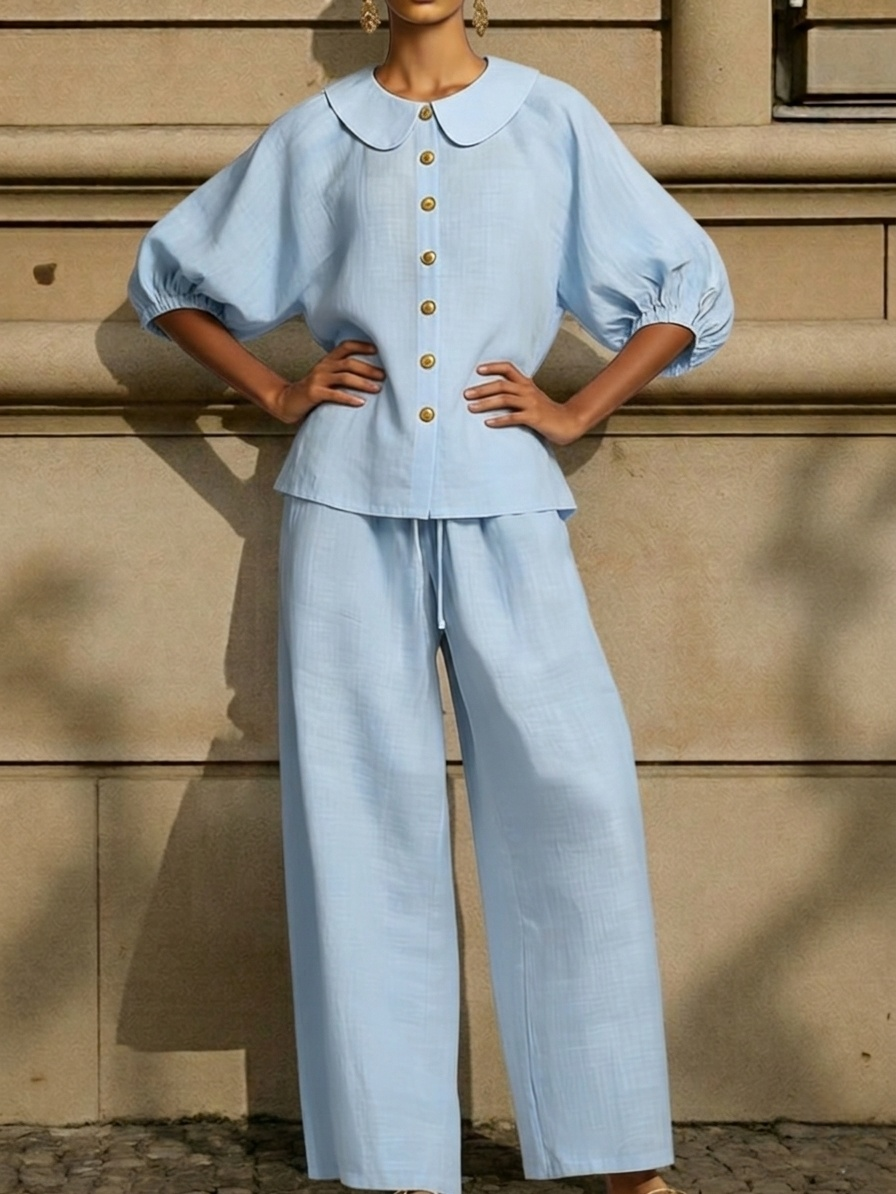 Clearance Sale🔥 Stylish Peter Pan Collar Shirt And Wide-leg Pant Linen Two-piece Set
